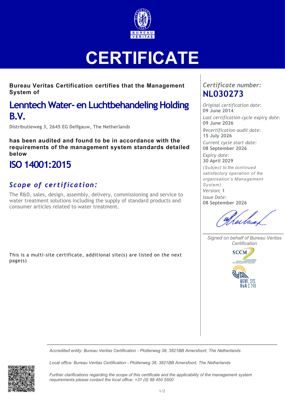 ISO 14001:2015 - certificate - page 1/2