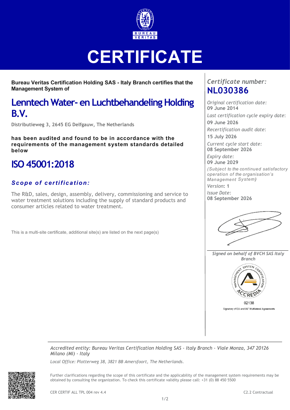 ISO 45001:2018 - certificate - page 1/2