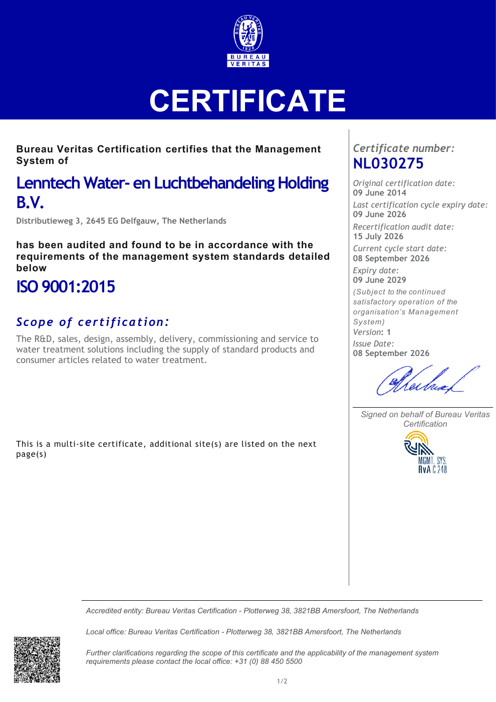 ISO 9001:2015 - certificate - page 1/2